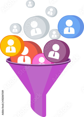 Sales funnel concept. Attracting potential customers. Website conversion in internet marketing. Business metaphor. Trendy flat vector style.