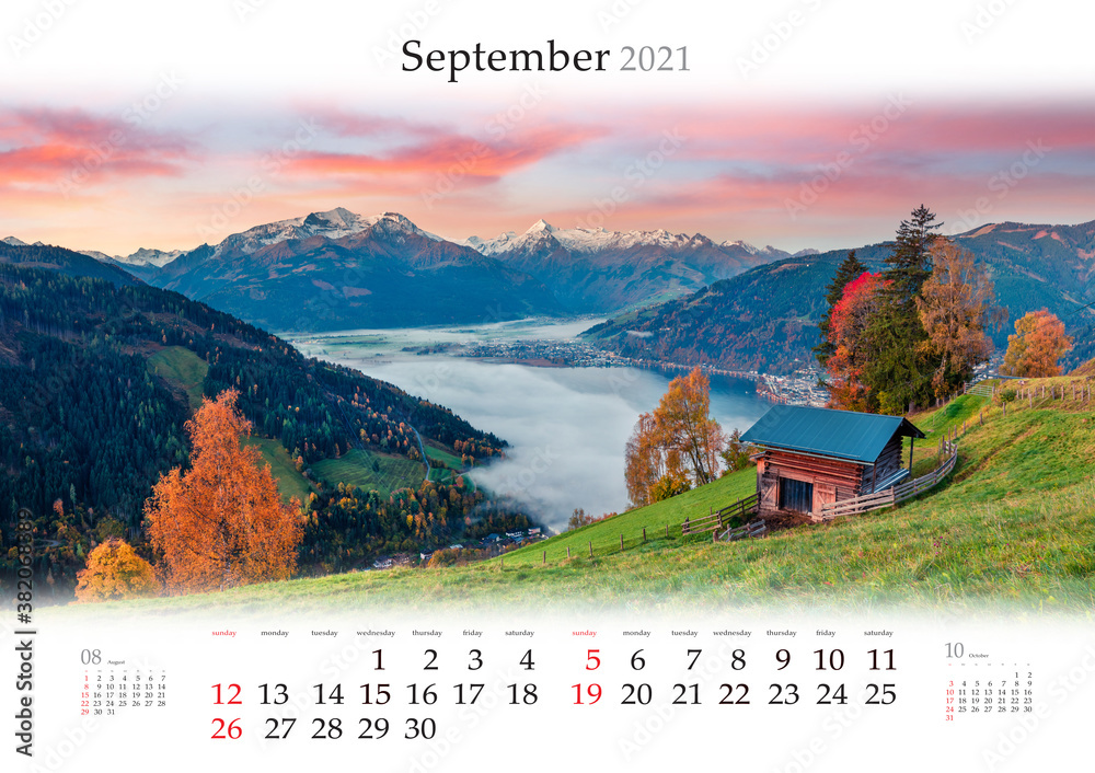 Calendar September 2021, B3 size. Set of calendars with amazing landscapes. Fantastic morning scene of Zell lake. Great autumn sunrise in Zel am See, Austria, Europe. - obrazy, fototapety, plakaty 
