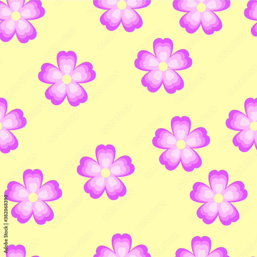 Seamless pattern with pink flowers on a yellow background. Use for fabric, wrapping paper, wallpaper, print, backdrops, baby clothes, napkins.