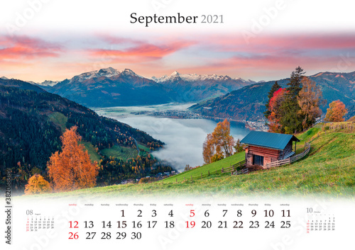 Calendar September 2021, B3 size. Set of calendars with amazing landscapes. Fantastic morning scene of Zell lake. Great autumn sunrise in Zel am See, Austria, Europe.