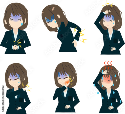 体調不良なシンプルで可愛いビジネスウーマンのイラストセット