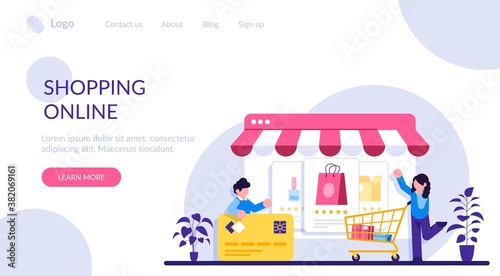 Fototapeta Naklejka Na Ścianę i Meble -   Online shopping. E-commerce concept. Marketing and Digital marketing. Flat People Characters Shop. Modern flat illustration.