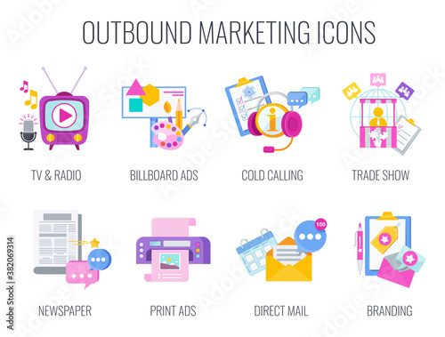 Outbound Infographics Marketing Icons. Flat vector illustration.