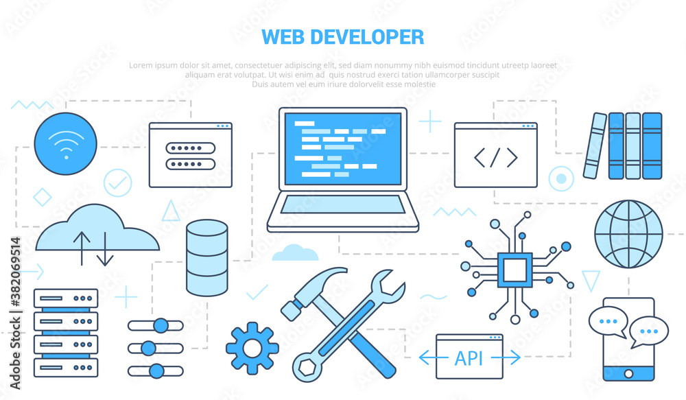 web website developer concept with icon set template banner with modern blue color style web website developer concept with icon set template banner with modern blue color style