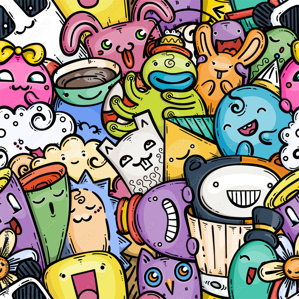 Cute doodle smiling monsters seamless pattern for child prints, designs and coloring books. Rabbits, owl, cup of tea, cream Cute doodle smiling monsters seamless pattern for child prints, designs and coloring books. Rabbits, owl, cup of tea, cream