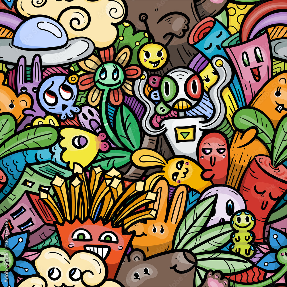 Kawaii doodle smiling monsters seamless pattern for child prints, designs and coloring books. Food, animals, robots, flowers