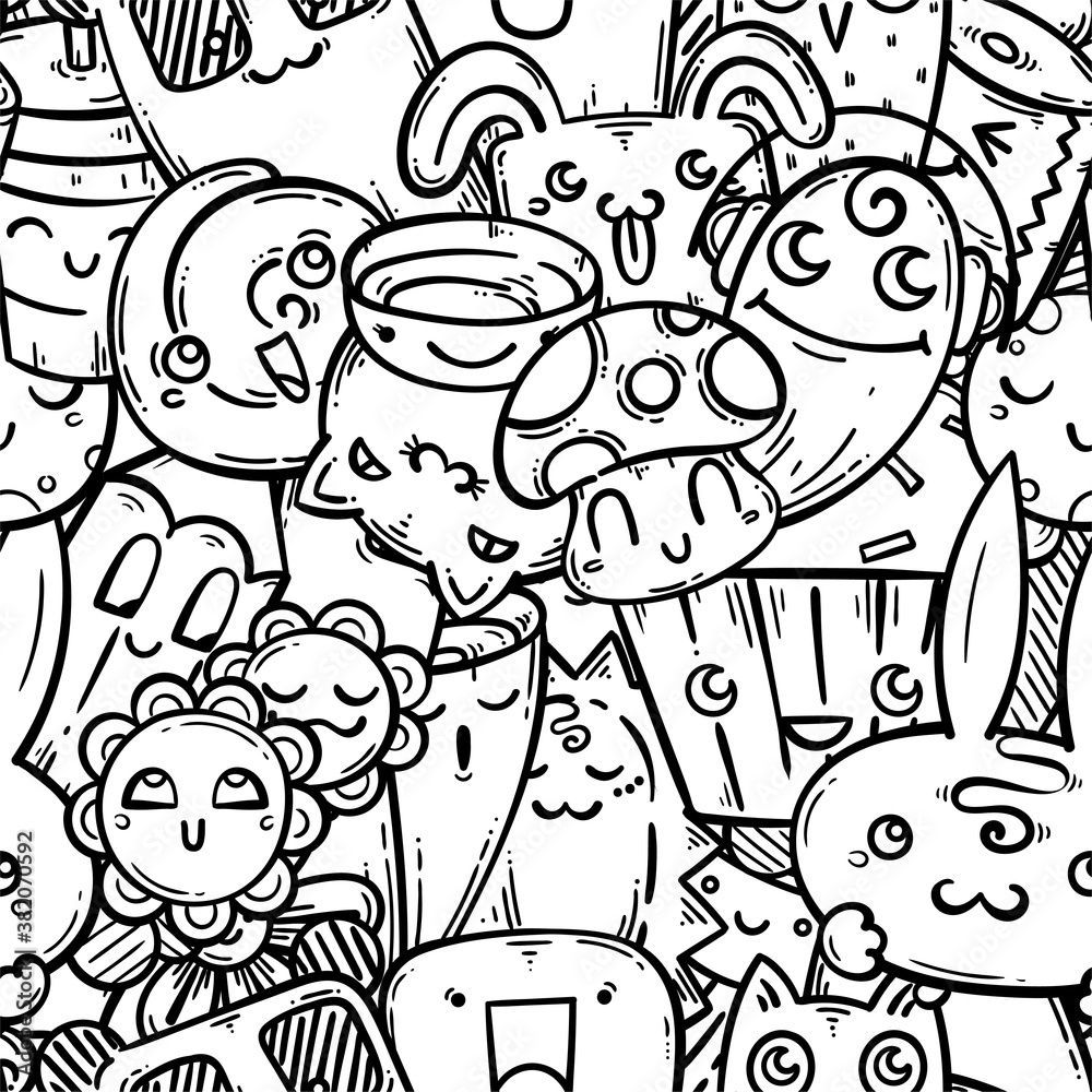 Cute doodle smiling creatures seamless pattern for child prints, designs and coloring books. Rabbits, cats, mashroom, pen, cream, tea, panda bear