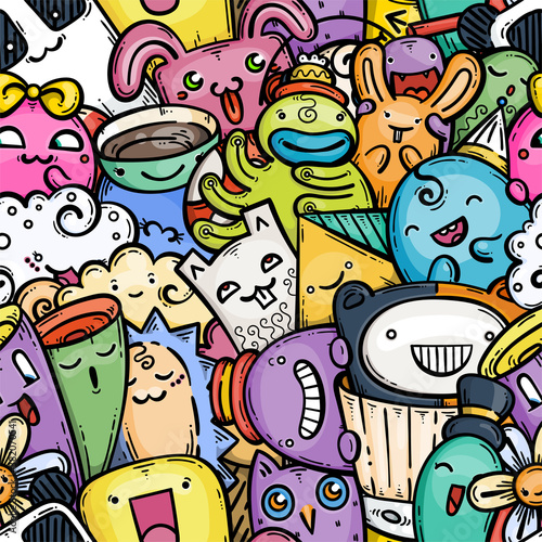 Cute doodle smiling monsters seamless pattern for child prints, designs and coloring books. Rabbits, owl, cup of tea, cream
