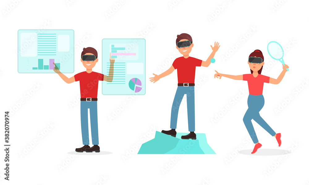 People Characters in Augmented Reality Glasses Playing Game Vector Illustration Set