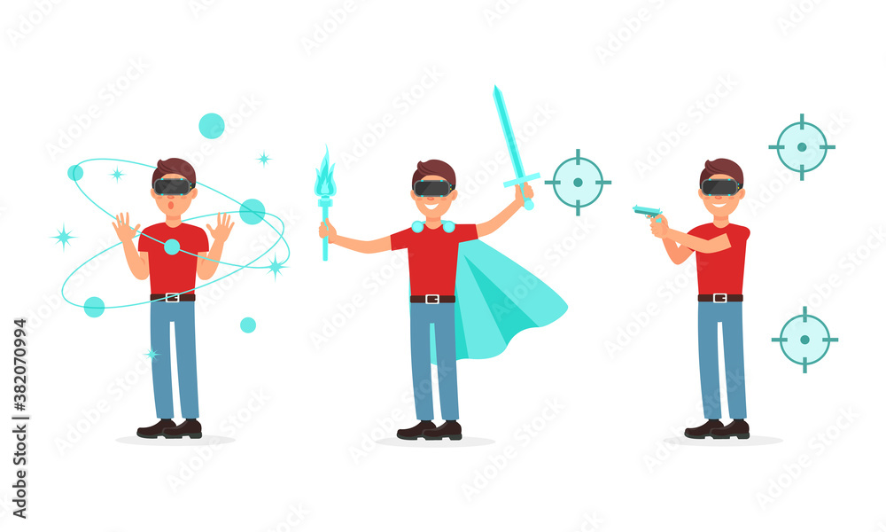 Man Character in Augmented Reality Glasses Playing Game Vector Illustration Set