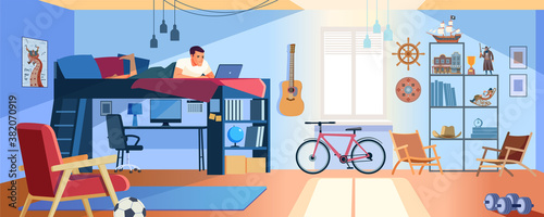 Student Learning Online at Home. Young Teen lying at bunk bed, Looking at Laptop and Studying. Dormitory room interior. Online Education Concept. Stay at home. Cartoon style Vector Illustration