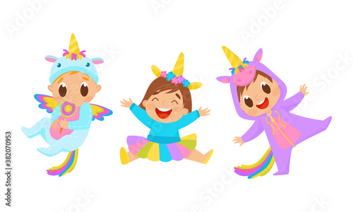 Baby Child Wearing Unicorn Costume and Smiling Vector Set