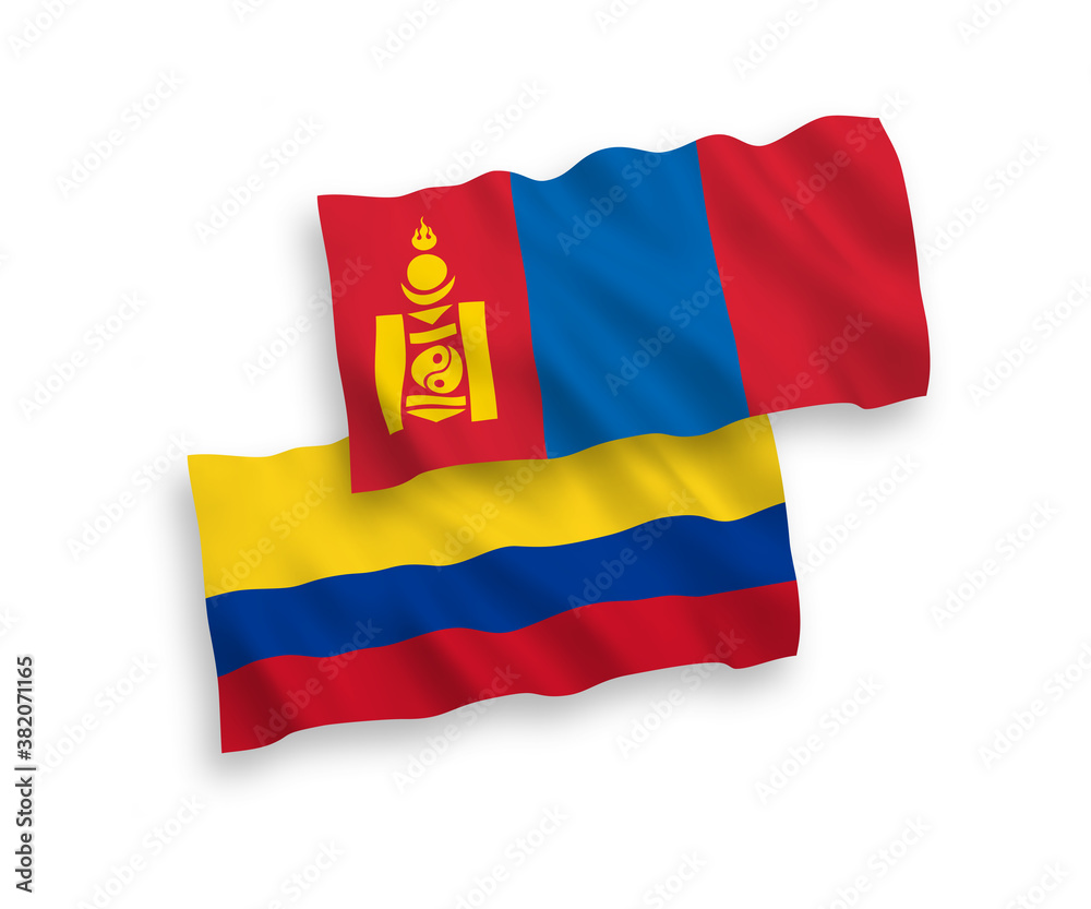 Fototapeta premium Flags of Mongolia and Colombia on a white background