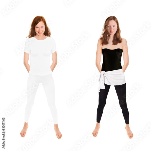 Fit brunette woman wearing leggings and shirt, two full length portraits isolated in front of white studio background