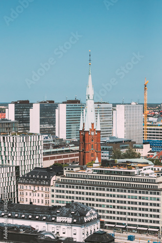 Stockholm, Sweden. Elevated View Of St. Clara Or Saint Klara Church In Summer Sunny Modern Cityscape Skyline.