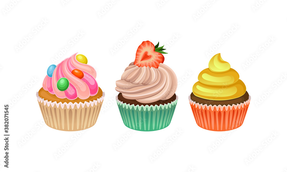 Cupcakes with Whipped Cream and Berry Vector Set Cupcakes with Whipped Cream and Berry Vector Set
