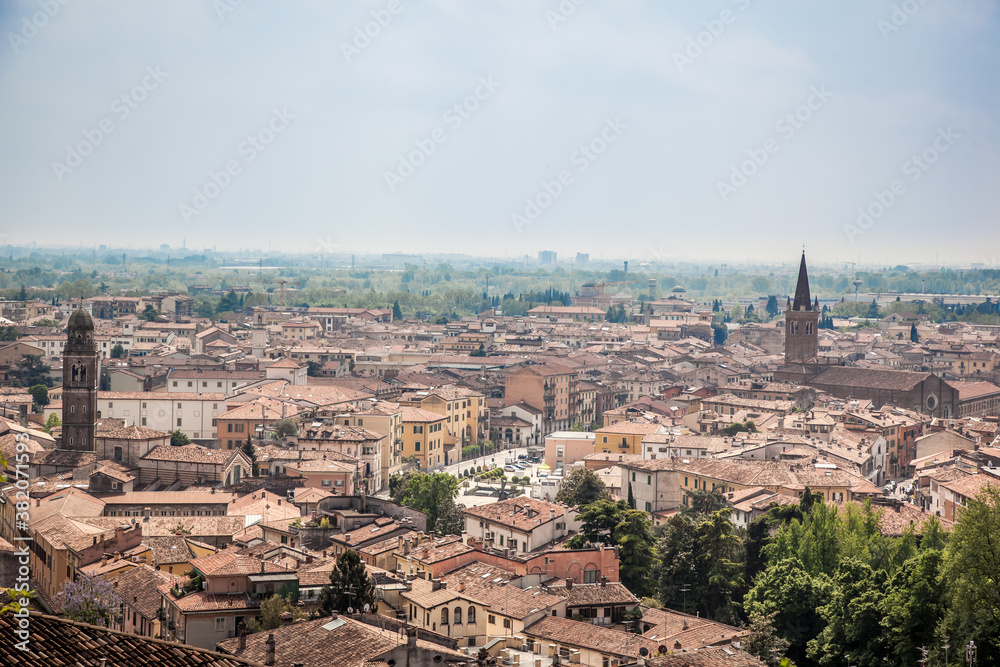 Beautiful views of Verona, the Adige river, bridges and cathedrals from the observation deck at St. Peter's castle. Verona, Veneto, Italy
