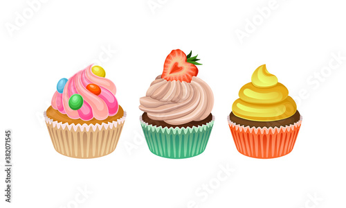 Cupcakes with Whipped Cream and Berry Vector Set