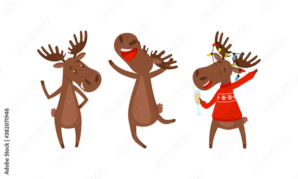 Fototapeta premium Funny Deer or Moose with Antlers and Hooves Vector Set