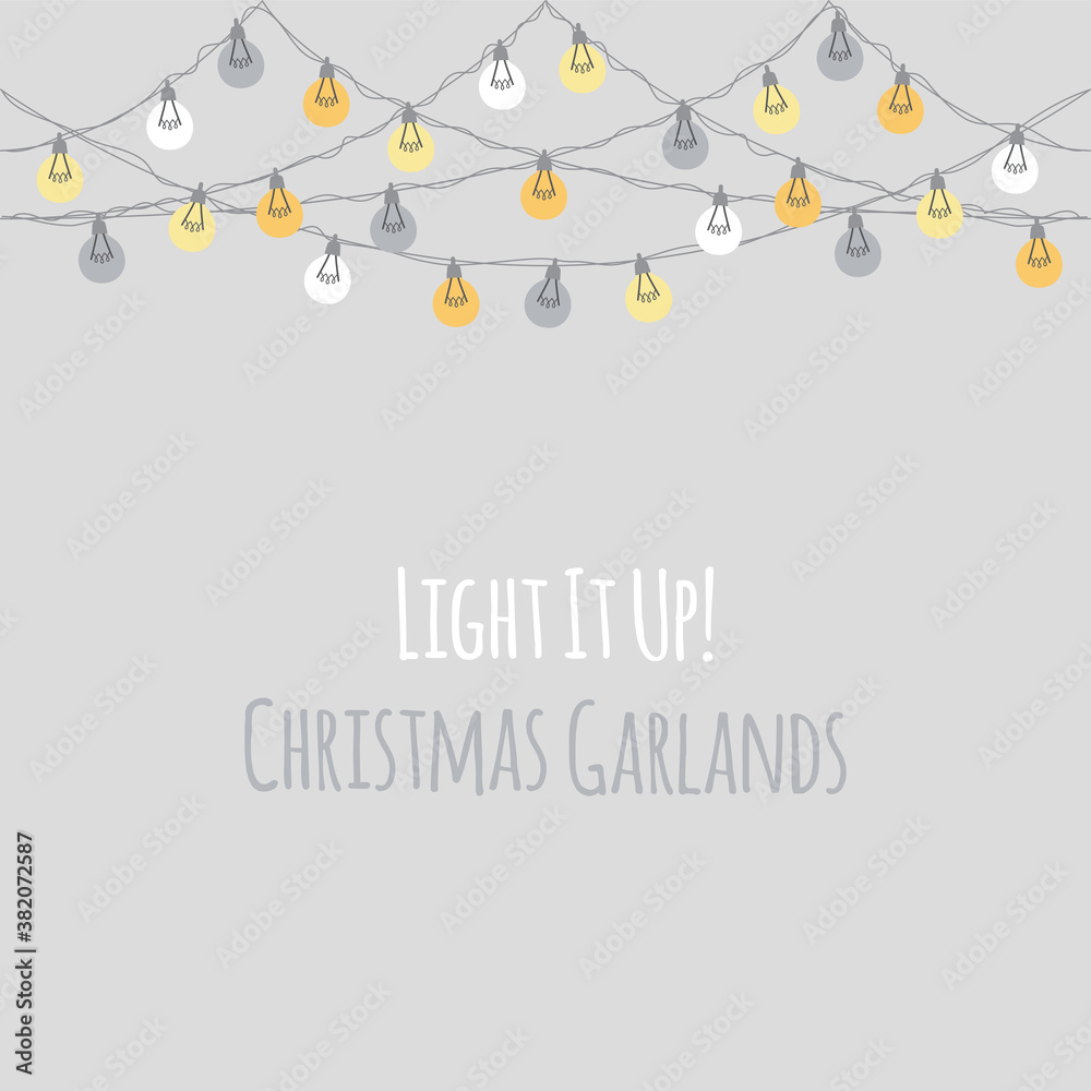 Cute vintage Christmas backround with hand drawn light bulb garlands