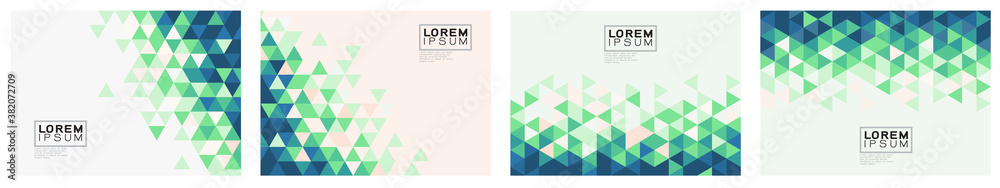 Set of template with trendy triangle pattern color gradation on corner position and space for text. Modern geometric background for business or corporate presentation. Vector illustration