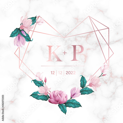 Wedding monogram logo design template. Watercolor floral frame for invitation card design.
