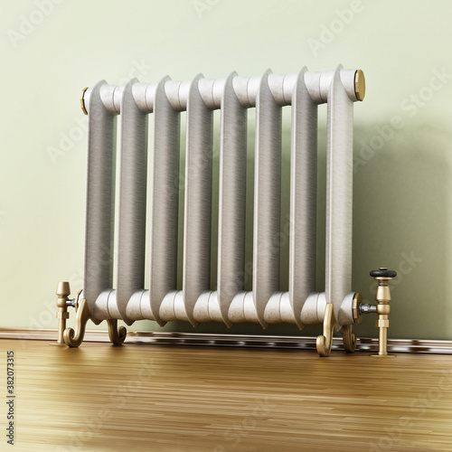 Vintage radiatorstanding next to the wall. 3D illustration