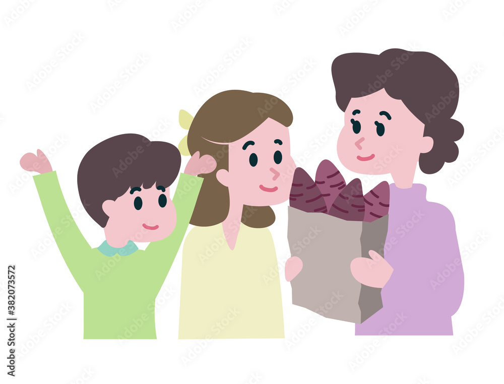Parents and children eating roasted sweet potatoes Parents and children eating roasted sweet potatoes