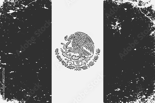 Grunge styled black and white flag Mexico. Old vintage background