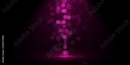 Abstract luxury background with falling glitters. Glowing bokeh lights, purple particles on black. 