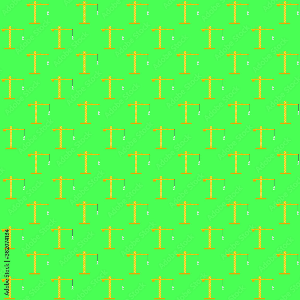 yellow tall standing crane with hook used for construction with green background repeat pattern yellow tall standing crane with hook used for construction with green background repeat pattern