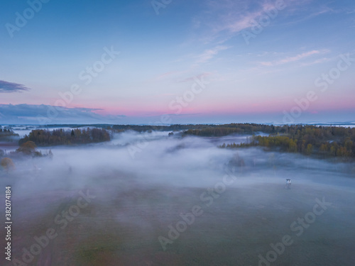 Fog and mist covering the fields in Lithuania