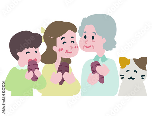 Family eating roasted sweet potato