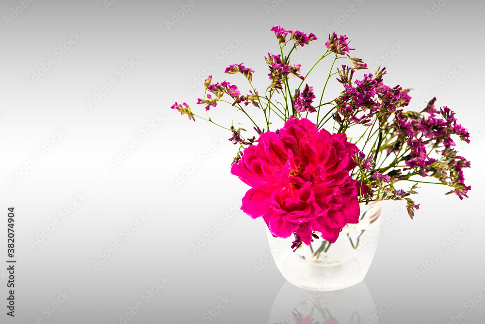 Fototapeta premium Pink roses and dried gypsophila on gray background