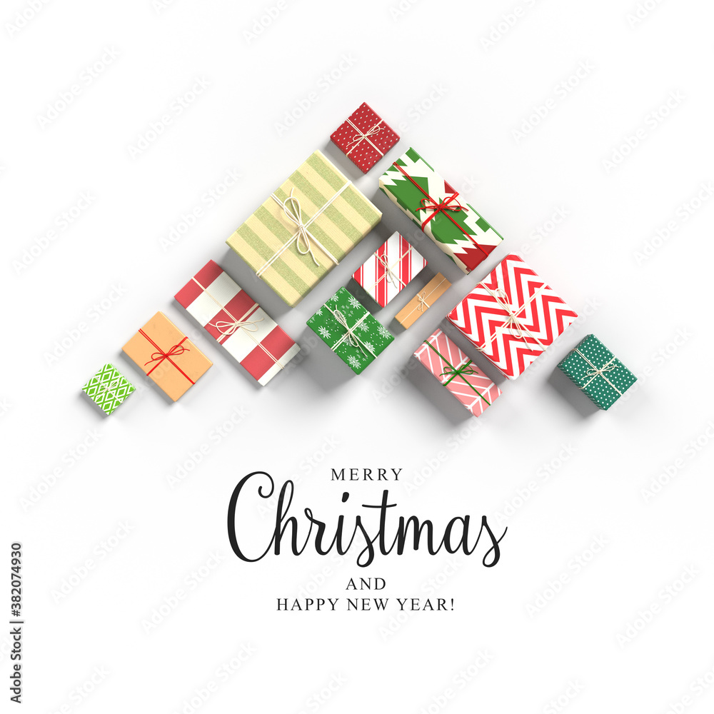 3d illustration. Christmas card with Christmas tree made of gift boxes
