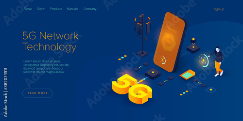 5g network technology in isometric vector illustration. Wireless mobile telecommunication service concept. Marketing website landing template. Smartphone internet speed connection background.