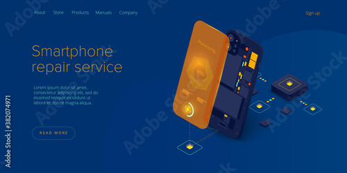 Smartphone repair service in isometric vector illustration. Cellphone or mobile phone  maintenance concept design. Web banner for broken gadget or device warranty fix.
