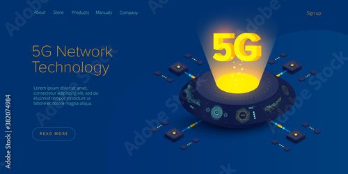 5g network technology in isometric vector illustration. Wireless mobile telecommunication service concept. Marketing website landing template. Smartphone internet speed connection background.