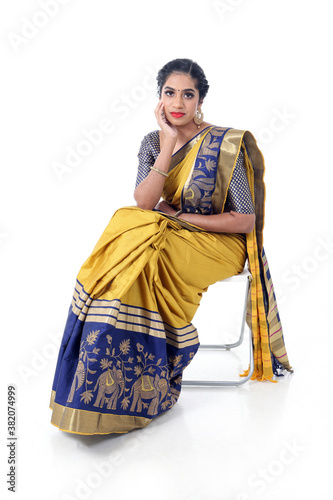 South east Asian Indian race ethnic origin woman wearing Indian dress costume sharee multiracial community on white background photo