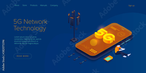 5g network technology in isometric vector illustration. Wireless mobile telecommunication service concept. Marketing website landing template. Smartphone internet speed connection background.