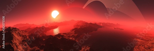 alien planet at sunset, alien landscape at the rising of a star