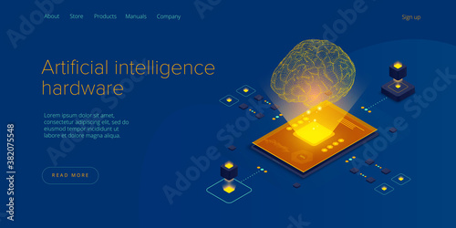 Artificial intelligence or neural network concept in isometric vector illustration. Neuronet or ai technology background with robot and human female. Web banner layout template.