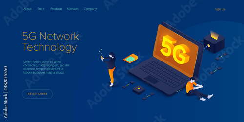 5g network technology in isometric vector illustration. Wireless mobile telecommunication service concept. Marketing website landing template. Smartphone internet speed connection background.