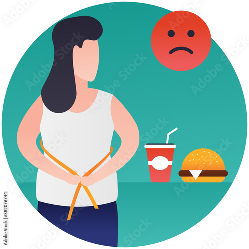 
Angry face with weight gain, concept of diet 
