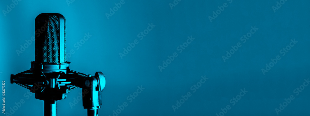 Professional microphone or mic on blue background, recording studio banner - obrazy, fototapety, plakaty 