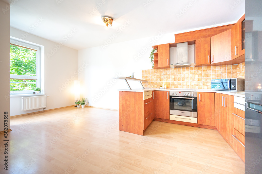 Bright big room in an appartment. Home staging.