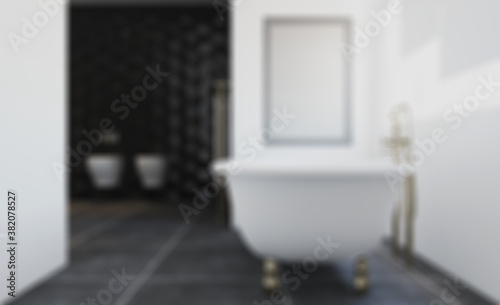 Modern bathroom with large window. 3D rendering.. Mockup.   Empty paintings. Abstract blur phototography