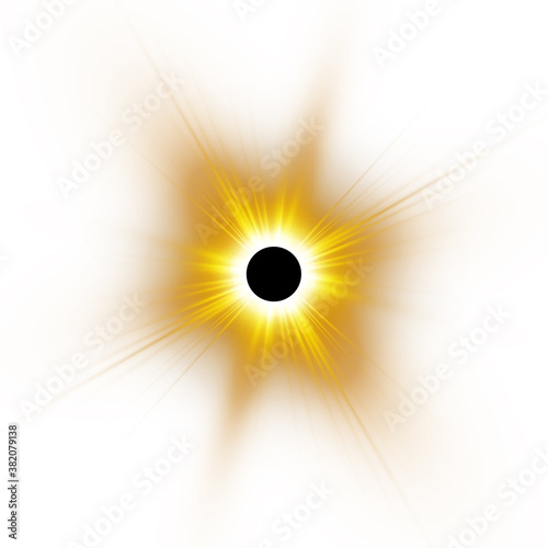 Total solar eclipse vector illustration on white background. Full moon shadow sun eclipse with corona.