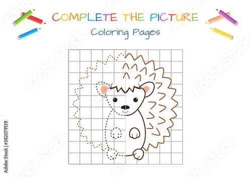 Funny little Hedgehog. Copy the picture. Coloring book. Educational game for children.