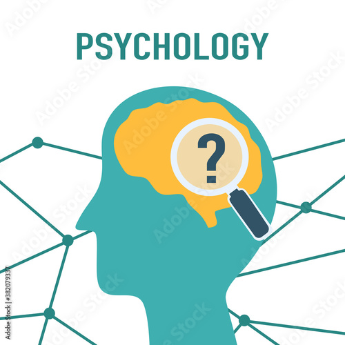 Silhouette of man’s head with brain inside. Magnifying glass with question mark. Psychology and mental health concept vector illustration. Psychological therapy and treatment.